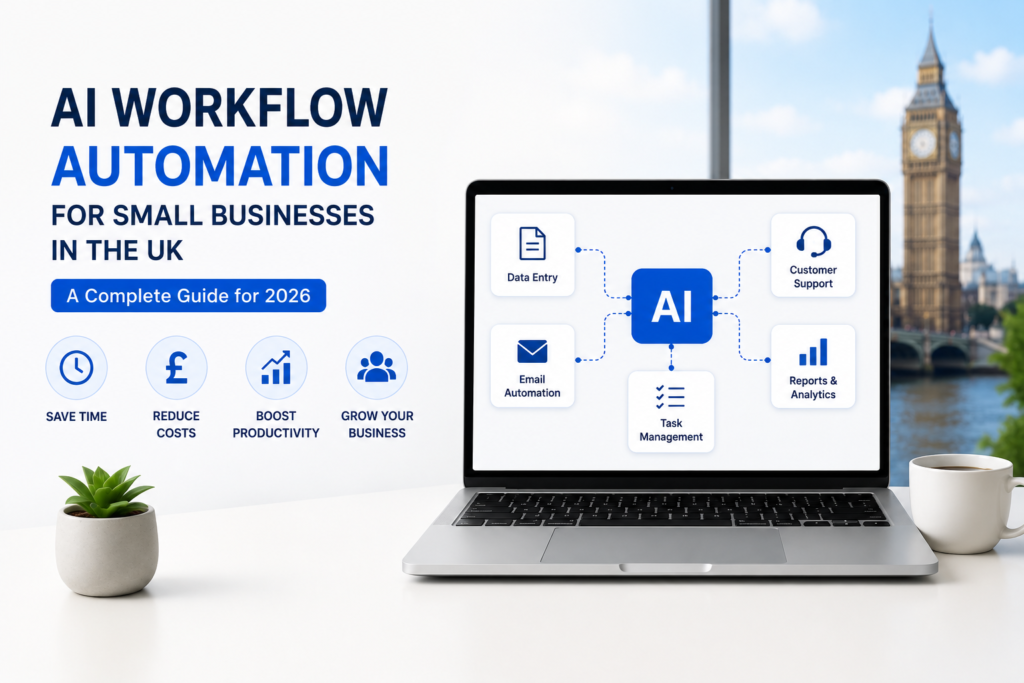 Business owner using AI workflow automation to streamline tasks, email automation, reporting, and productivity for UK small businesses.