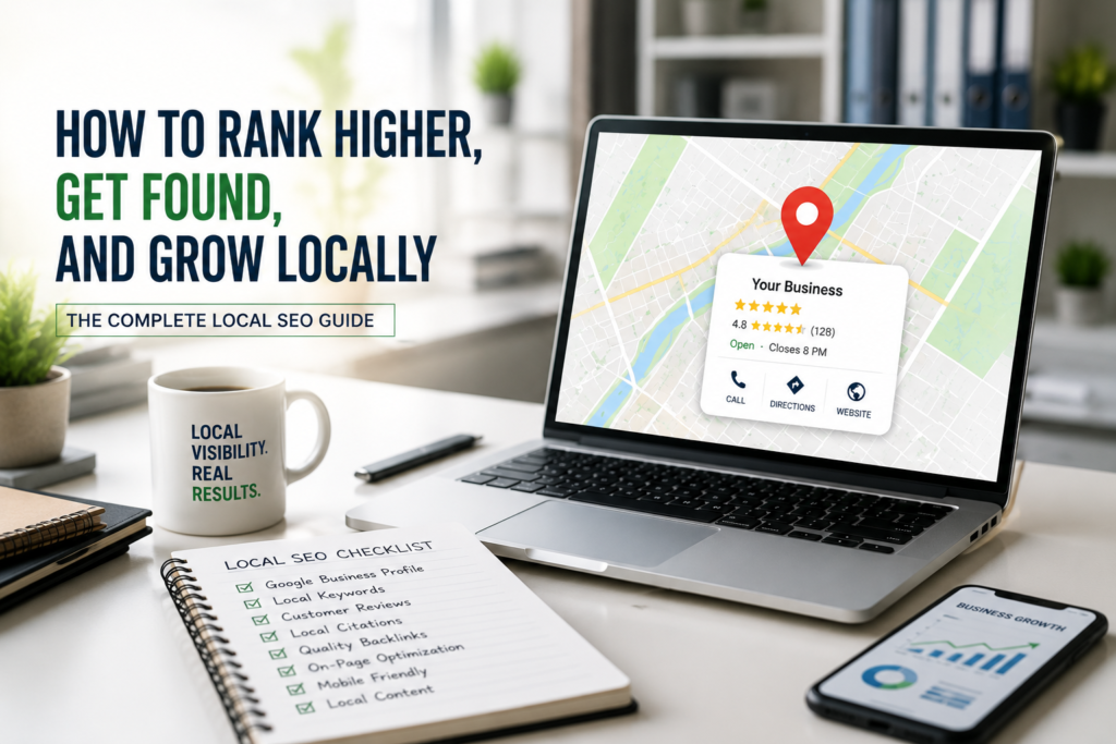 Professional workspace showing a Local SEO strategy to help small businesses rank higher in local search, attract nearby customers, and grow locally.