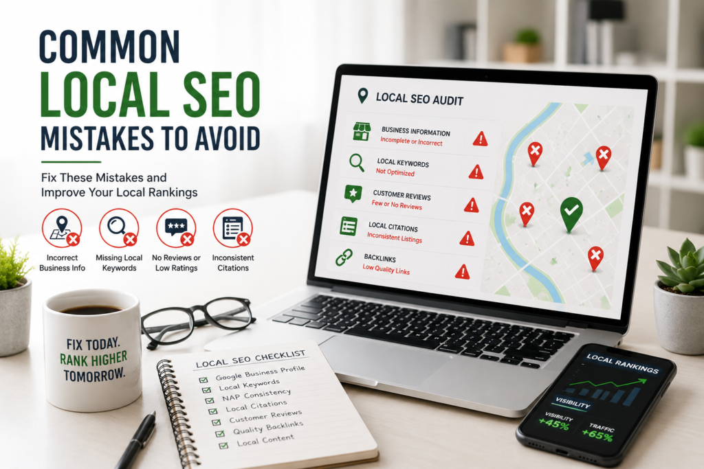 Professional Local SEO audit showing common local SEO mistakes, Google Business Profile issues, inconsistent business listings, missing reviews, and local search optimization strategies for small businesses.