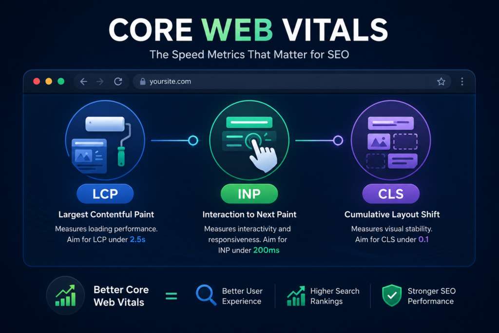 Core Web Vitals LCP INP and CLS metrics for website speed and SEO