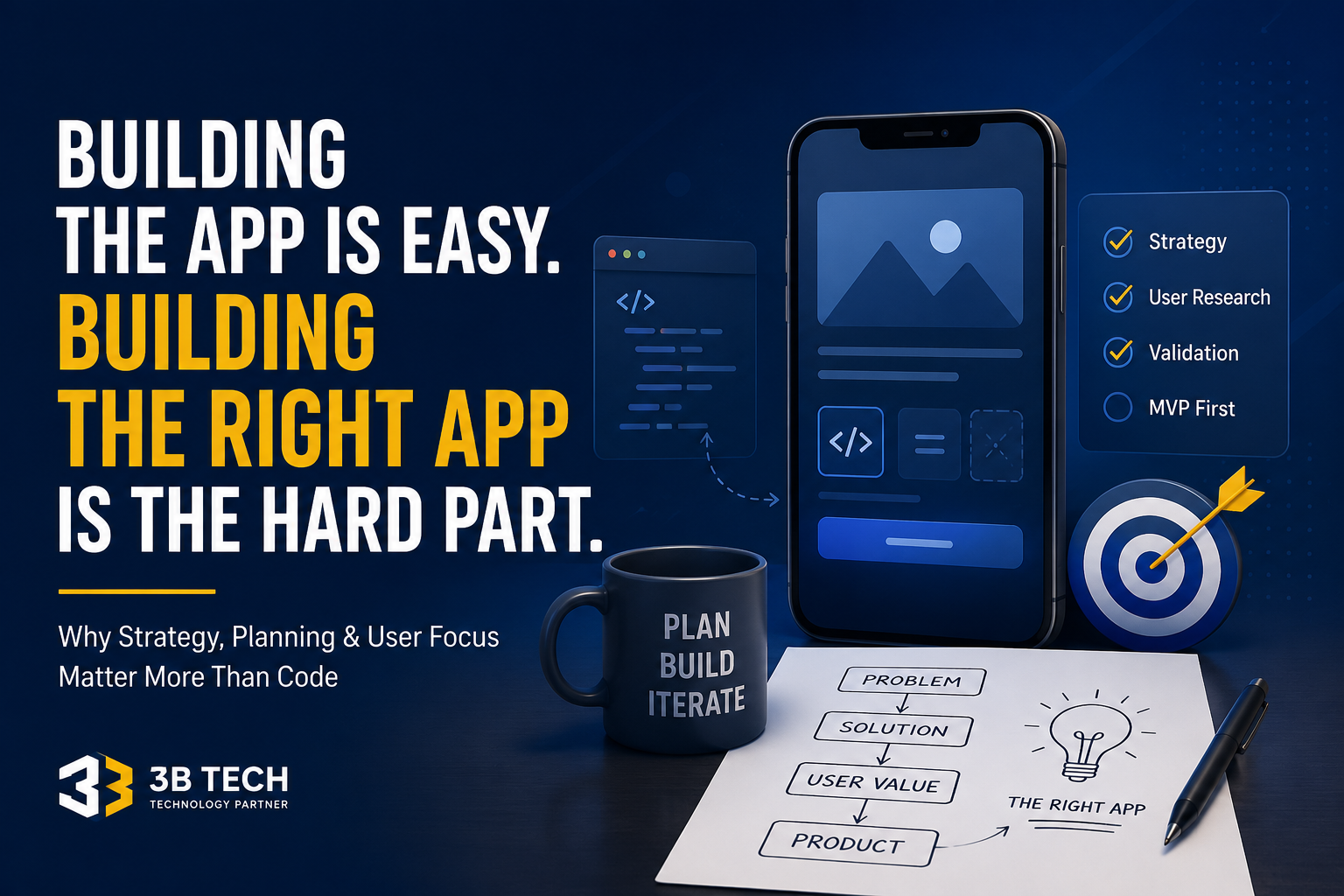Illustration showing app development strategy, product planning, user validation, and mobile app design for founders building the right app.
