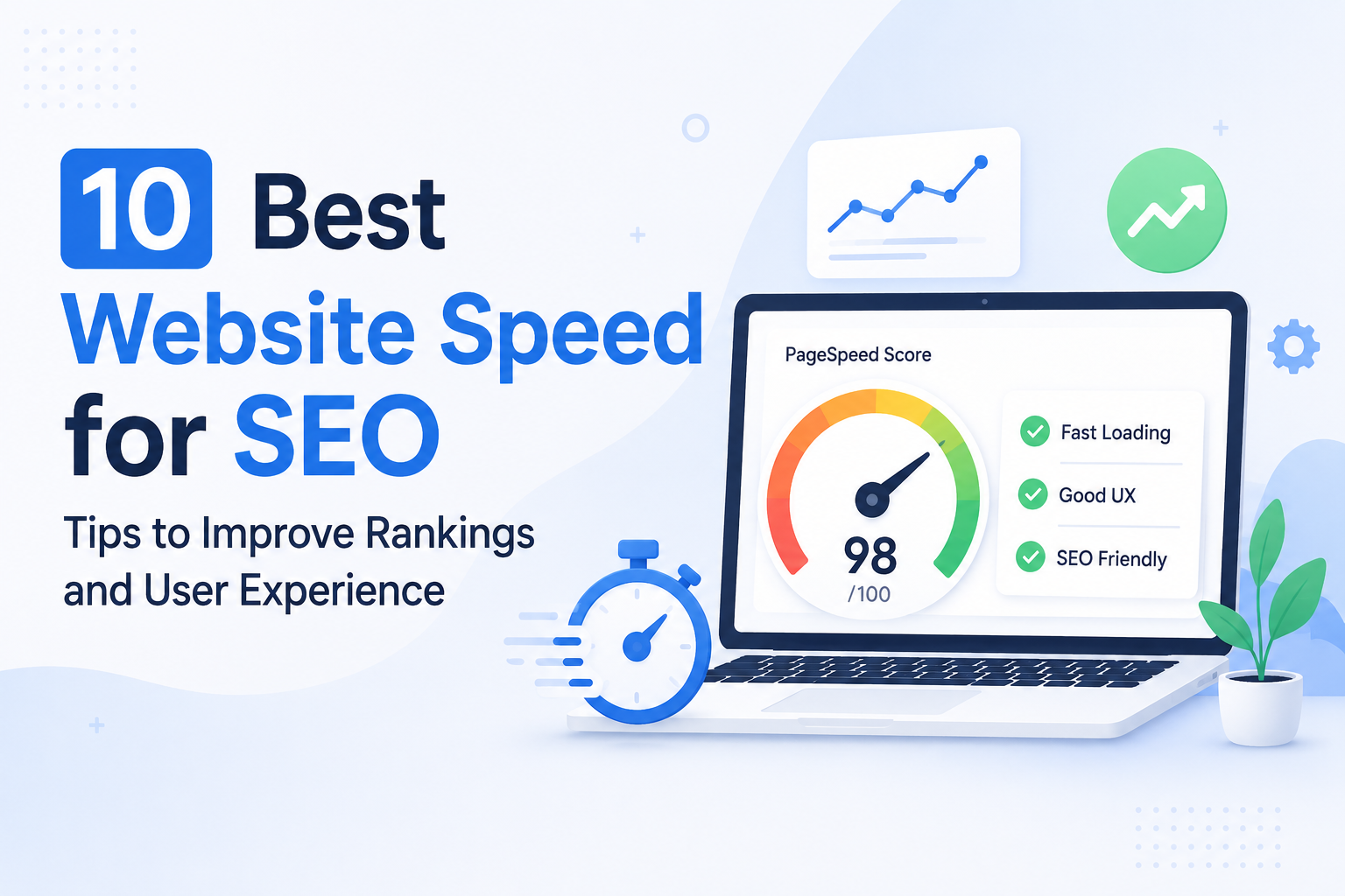 Website Speed for SEO tips showing a website performance dashboard and faster page loading