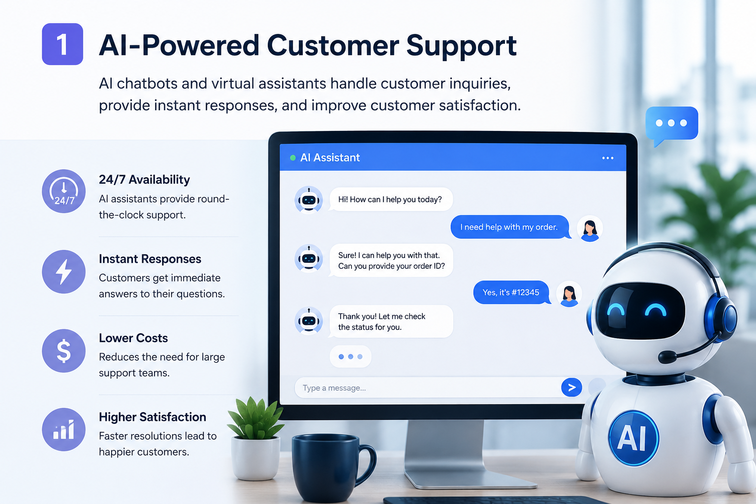 AI-powered customer support chatbot assisting users through automated workflow automation and instant customer service in a modern digital business environment.