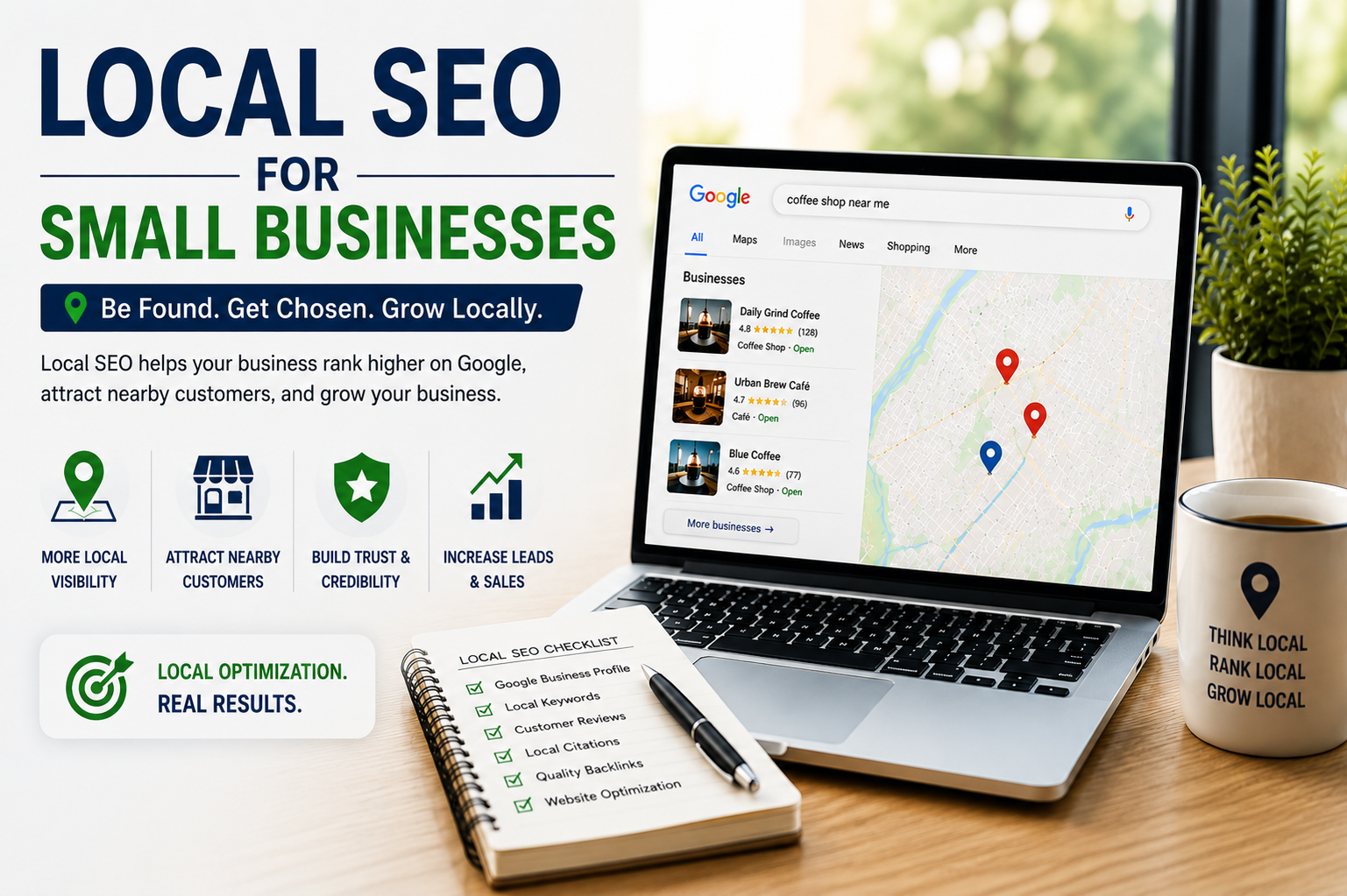Local SEO for Small Businesses showing Google Business Profile optimization, local search rankings, customer reviews, and business growth strategies.