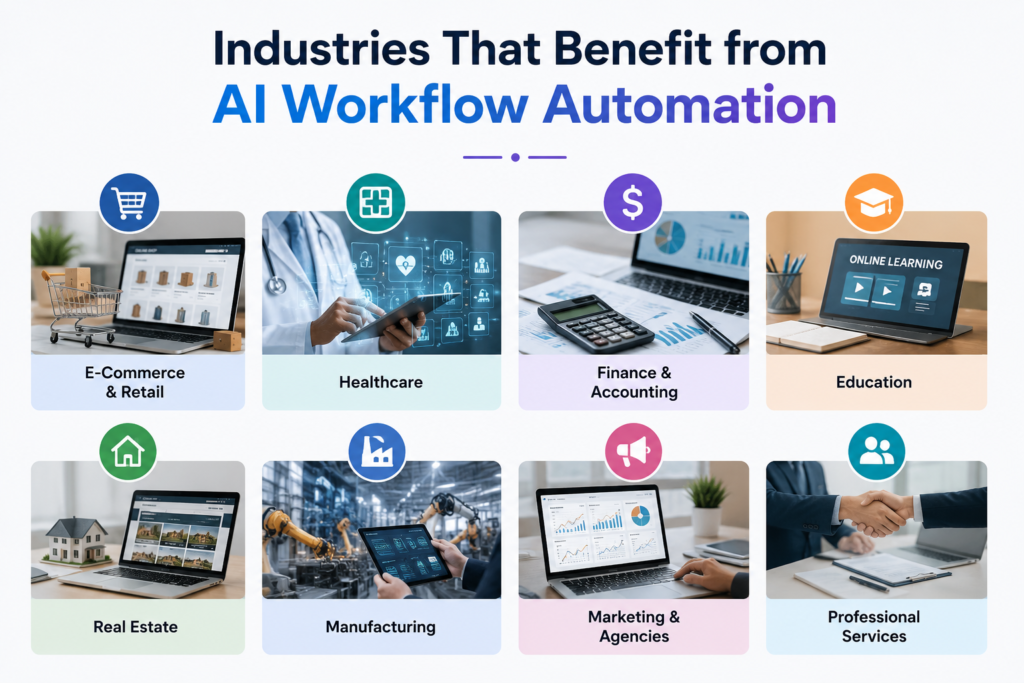 Industries That Benefit from AI Workflow Automation including healthcare, finance, eCommerce, manufacturing, education, real estate, marketing, and professional services