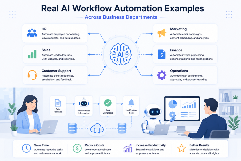 Real AI workflow automation examples showing how artificial intelligence streamlines HR, sales, marketing, finance, operations, and customer support through connected business workflows.