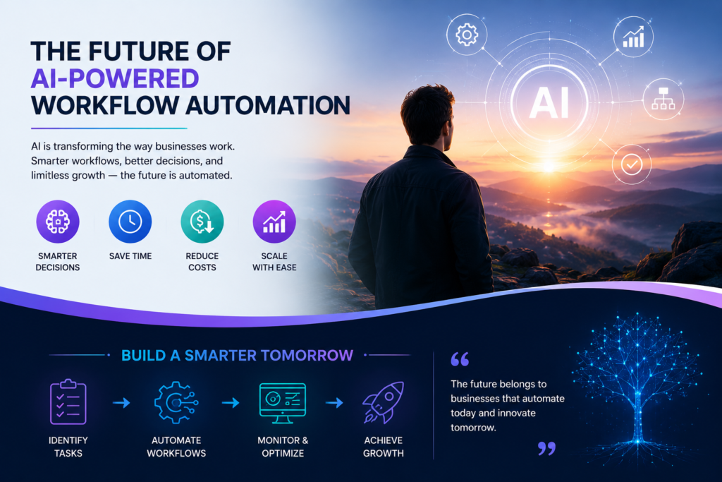 AI-powered workflow automation illustration showing business growth, smarter decisions, automated workflows, and productivity improvements for modern businesses.
