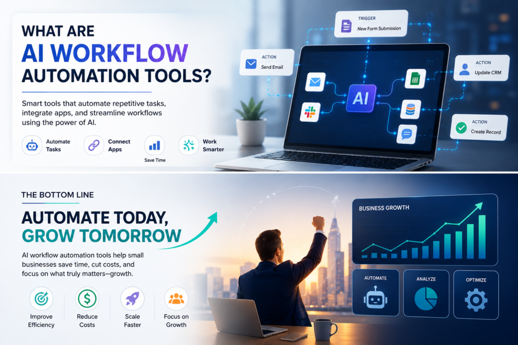 Illustration showing AI workflow automation tools connecting business apps to automate tasks, streamline workflows, improve efficiency, and support business growth.