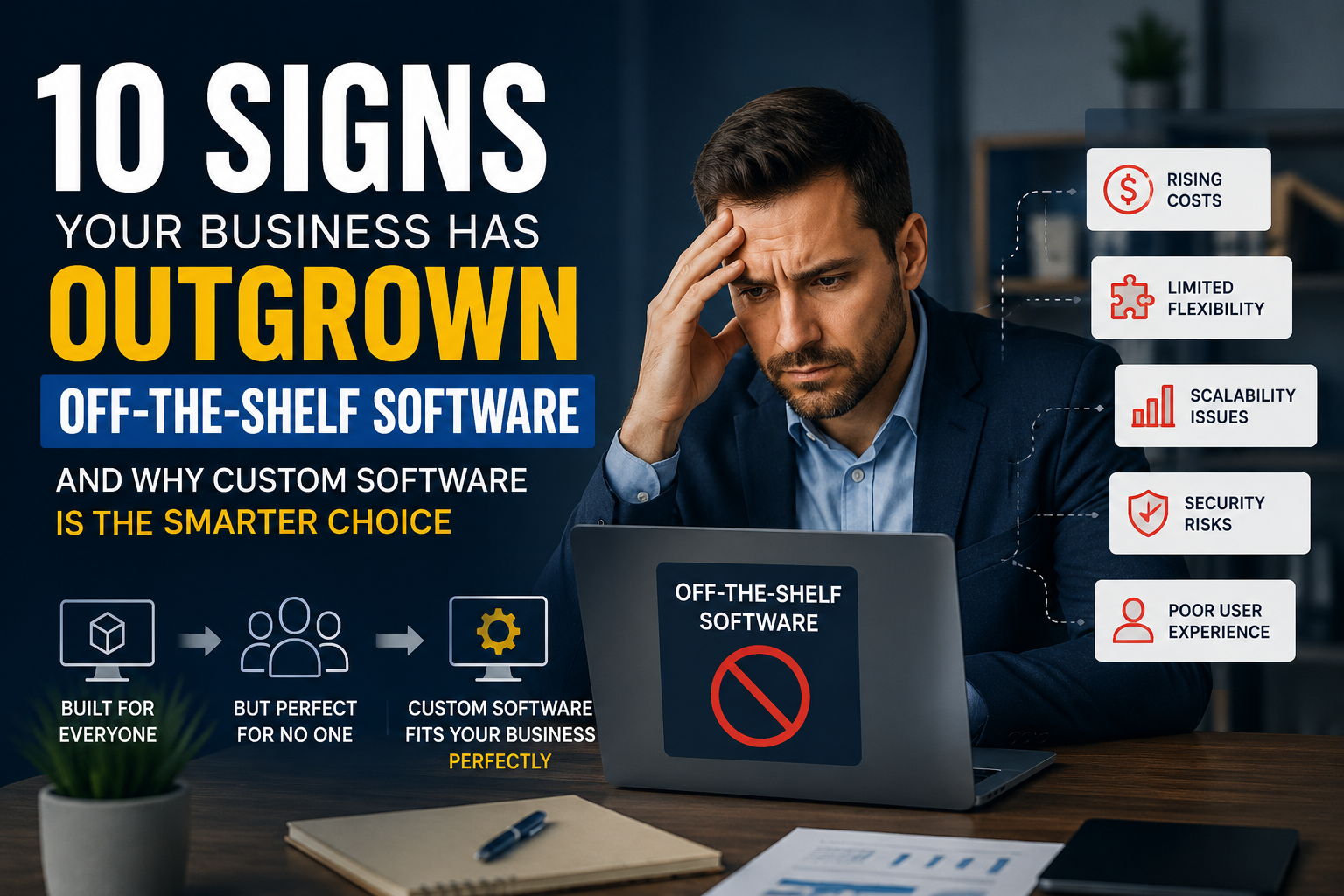 10 signs your business has outgrown off-the-shelf software, highlighting rising costs, limited scalability, security risks, and the benefits of custom software development.