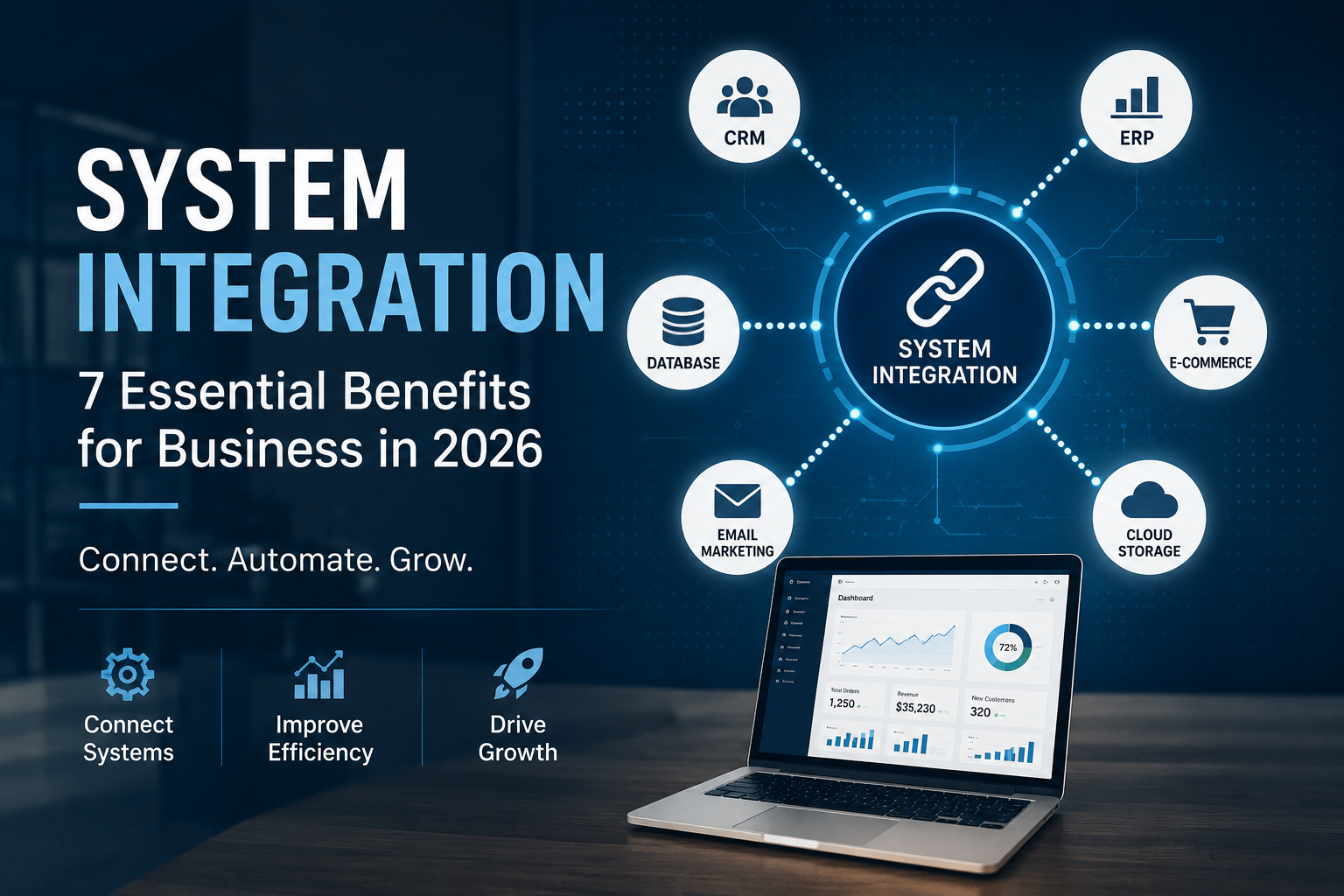 System integration connecting CRM, ERP, database, e-commerce, and cloud systems