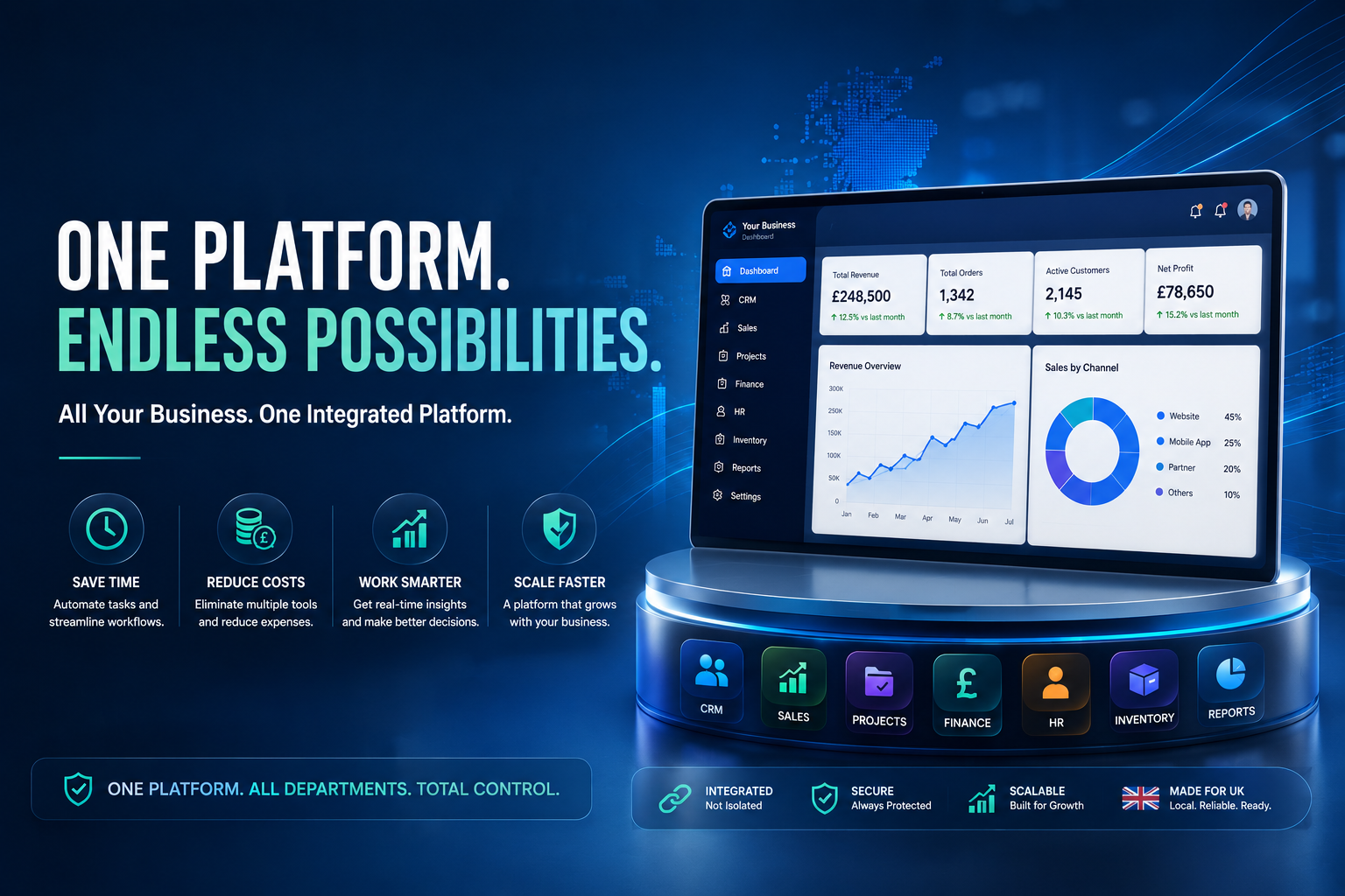 Integrated Business Platform UK dashboard showing CRM, sales, finance, projects, inventory, analytics, and business automation in one custom software platform for UK businesses.