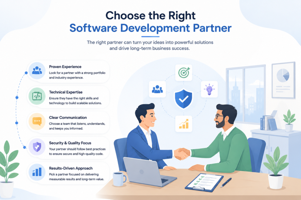 Professional illustration showing how to choose the right software development partner based on experience, technical expertise, communication, security, and long-term support.