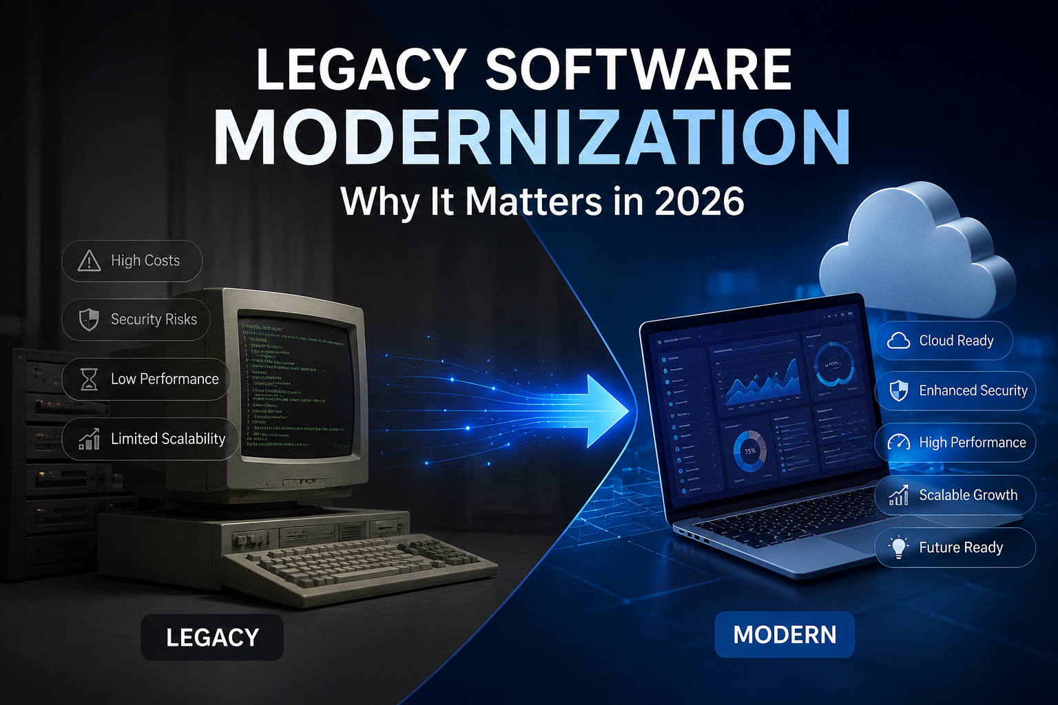 Legacy Software Modernization illustration showing the transformation from outdated legacy systems to modern cloud-ready software solutions in 2026.