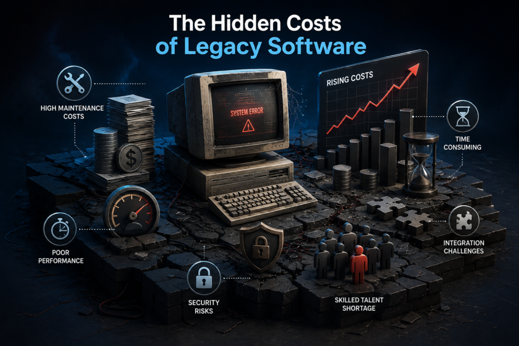 The Hidden Costs of Legacy Software infographic showing outdated systems, rising maintenance costs, security risks, poor performance, and integration challenges.