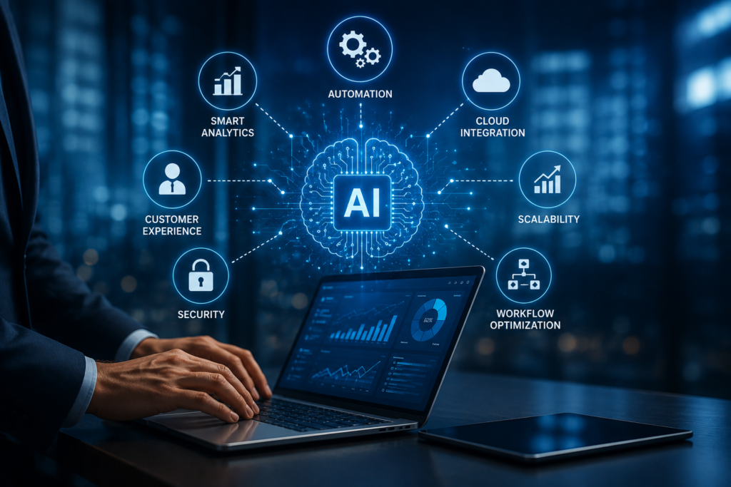 AI custom software connecting automation, cloud integration, smart analytics, cybersecurity, workflow optimization, and scalable business solutions.