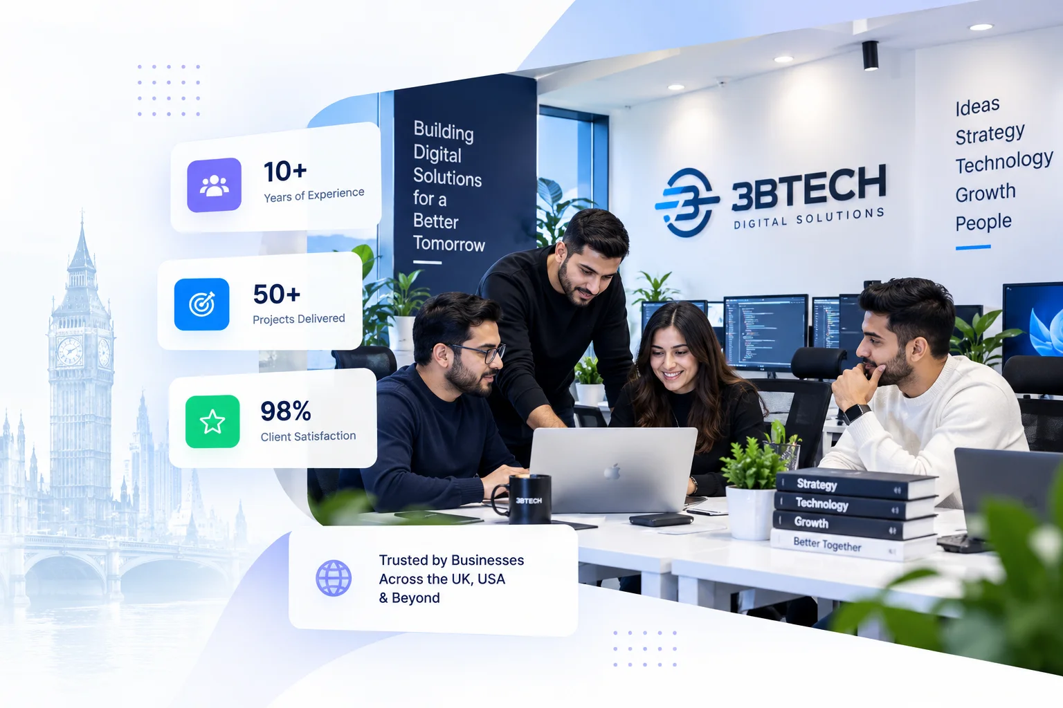 3BTech digital solutions team collaborating on custom software and web development in the UK